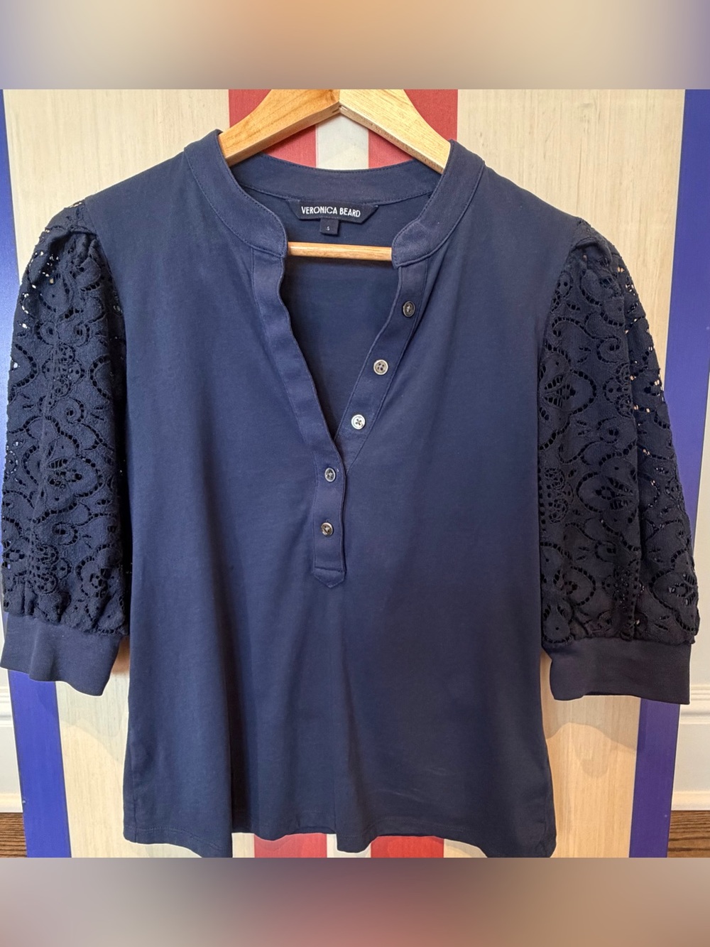 Veronica Beard Coralee Navy Blue Henley with Lace Sleeves Size S